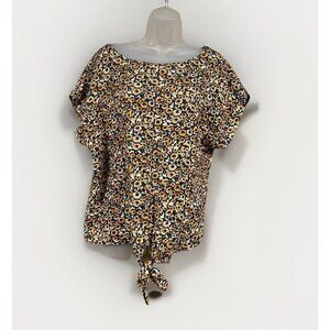 LL Bean Signature Linen Top Womens Size Large Floral Tie Front Brown Black